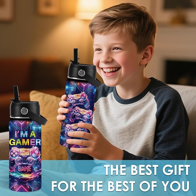 Game Gifts for Boy Girls - 16oz Kids Water Bottle with Straw, I'm A Gamer Stainless Steel Water Bottles Insulated, BPA-free, Leak-proof, Gamer Tumbler for School, Travel - Game Lovers Gift Cup(1pc) - Bloomnest