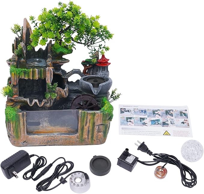 Indoor Fountain Rockery Tabletop Fountain with an Atomizer Elaxation and LED Light Water Feature Meditation Desktop Fountains for Home Office Decor or Gift 11.81''L x 7.09''W x 12.99''H