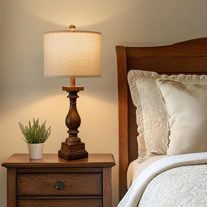 BOBOMOMO 27" Farmhouse Living Room Lamps with USB-A +C Ports, Vintage Rustic Bedside Night Stand Lamps Set of 2, Linen Shade, Retro Side Table Lamps for Living Room, Bedroom, Office, Home Decor - Bloomnest