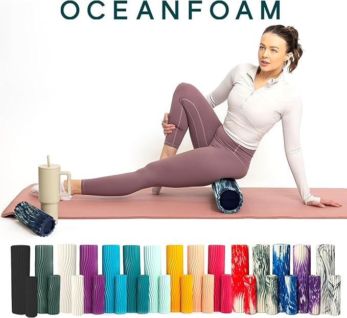 Oceanfoam Tidal Roller - Dark Navy, Hunter & Seafoam Marbled - Muscle Massage Foam Roller for Back Pain & Stretching - Firm & Ergonomic Wide Wave Textured - Yoga & Athletics - Full Size, 20" x 5" - Bloomnest