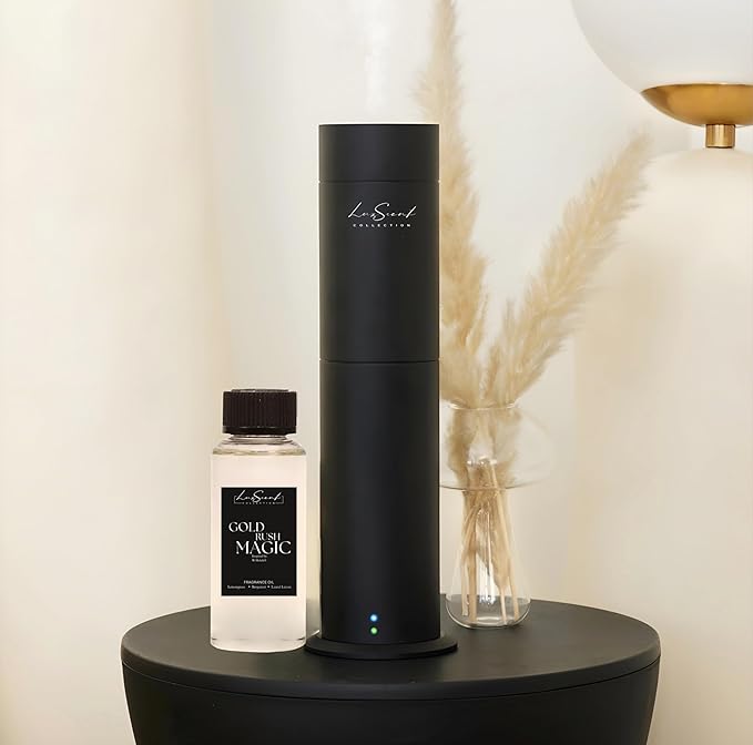 Aroma Scent Diffuser Starter Kit for Up to 1000SQ. FT. Coverage - 120ML Waterless Essential Oil Scent Included - Luxury Aroma Diffuser Ideal for Home, Office & Hotel (Black, Gold Rush Magic) - Bloomnest