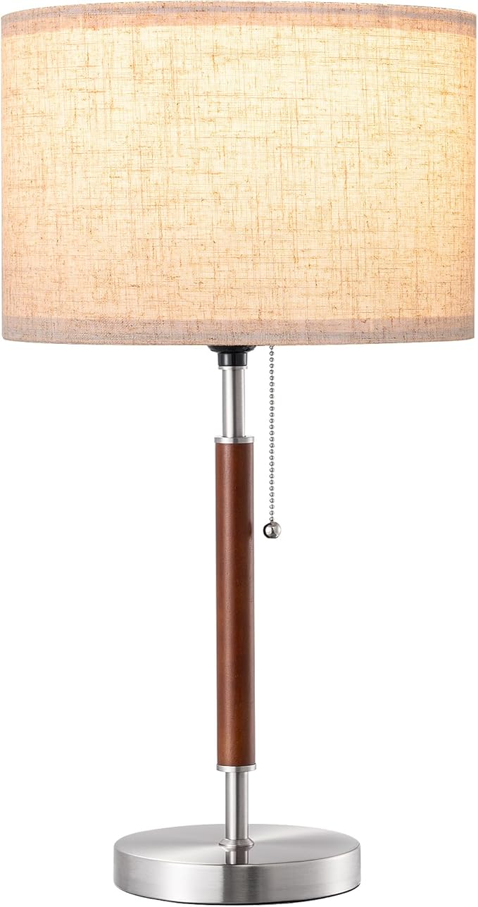 EDISHINE Mid Century Table Lamp, Solid Wood and Metal Bedside Lamp with Pull Chain Switch & Beige Linen Shade, Retro Nightstand Lamp for Bedroom Living Room End Table, E26 Base - Bloomnest