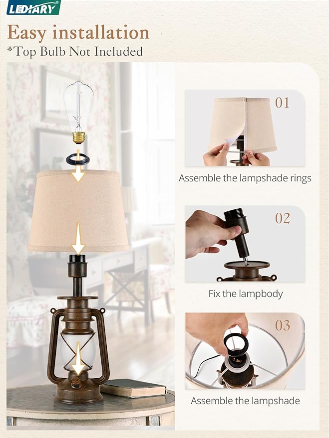 LEDIARY 18.72" LED Vintage Lantern Flickering Flame Table Lamps for Bedrooms Set of 2, Small Farmhouse Rustic Vintage End Table Lamps, Halloween Decorative Lantern Bedside Lamps for Living Room - Bloomnest