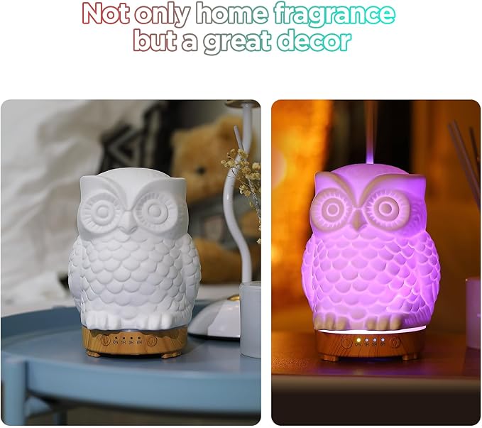 Owl Ceramic Aromatherapy Diffuser INRORANS 160ml Stone ultrasonic Cool Mist Scent Essential Oil Diffuser Humidifier with Intermittent Mist & LED 7 Colors Changing Night Light for Bedroom Office Home - Bloomnest