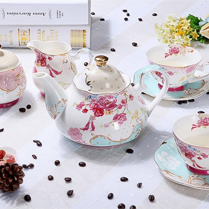 Tea Pot Bone China Floral Design Vintage Teapot Loose Tea Women and Tea lovers 850 ml about 4 Cups Gift Box - Bloomnest