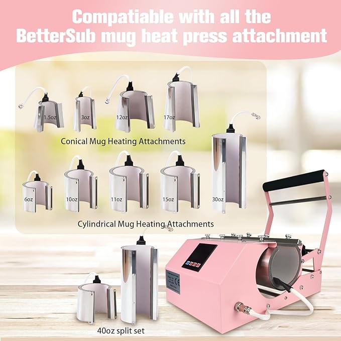 BetterSub 3in1 40 OZ Tumbler Mug Heat Press Machine 30 OZ 20 OZ 16 OZ Sublimation Straight Skinny Tumbler Mug,11 OZ 15 OZ 16 OZ Sublimation Mug Heat Transfer Pink - Bloomnest