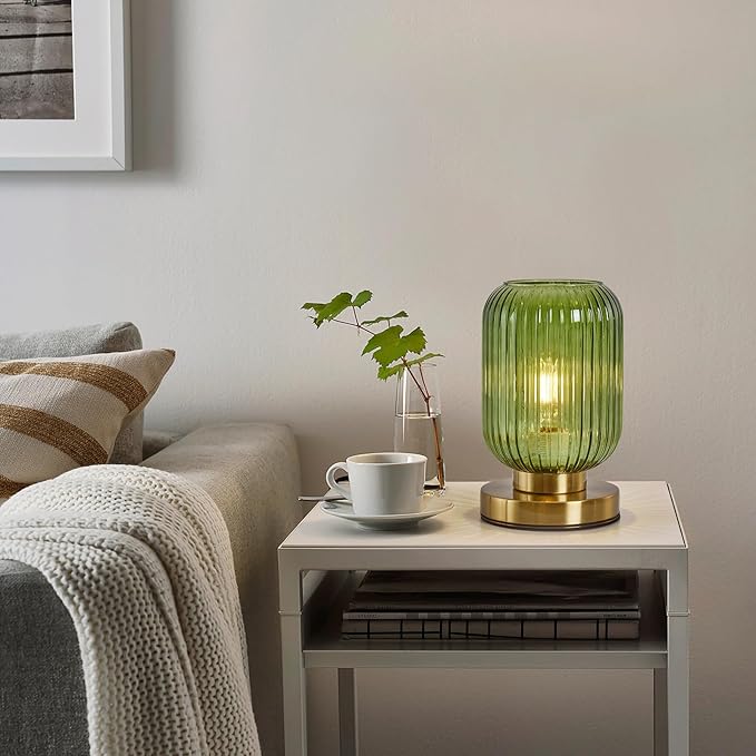 Glass Table Lamps Mid Century Modern Globe, Dimmable Green Table Lamp for Nightstand, Small Gold Table Lamp, Green Pumpkin Design Ribbed Glass Vintage Bedside Lamp for Bedroom Living Room Office - Bloomnest