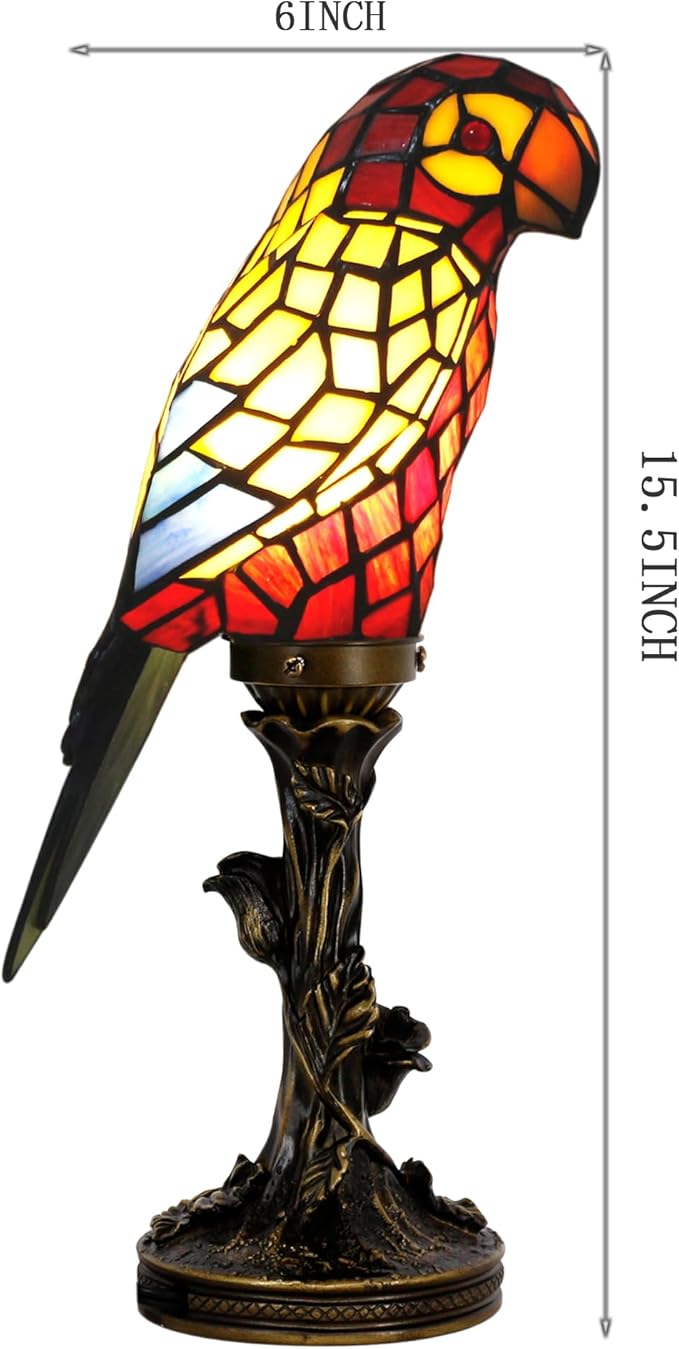 Small Tiffany Lamp Parrot Table Lamp Stained Glass Accent Lamp 15.3 Inch Tall Mini Desk Bedside Night Light for Kids Bedroom (Red) - Bloomnest