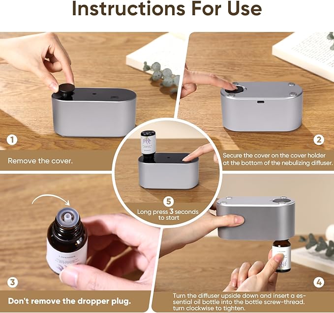 Waterless Diffuser for Home Essential Oil Diffuser, Aromatherapy Diffuser, Portable Scent Diffusers, 3 Mist Modes, Cycle Start for Bedroom, Office Studio 350-700 sq. ft Silver - Bloomnest