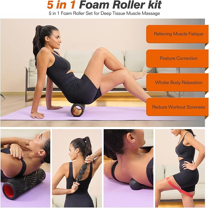 5 in 1 Foam Roller Set - Trigger Point Foam Back Roller, Muscle Roller Stick, Massage Ball, Stretching Band for Deep Muscle Massage Pilates Yoga,Fitness Exercise for Whole Body Release (Black)