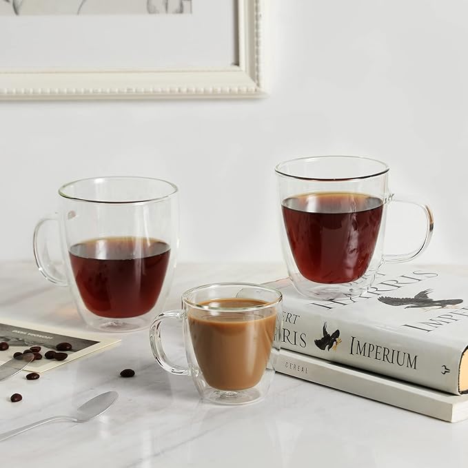 CNGLASS Large Glass Coffee Mugs 12oz,Double Walled Insulated Cappuccino Mug with Handle,Set of 4 - Bloomnest