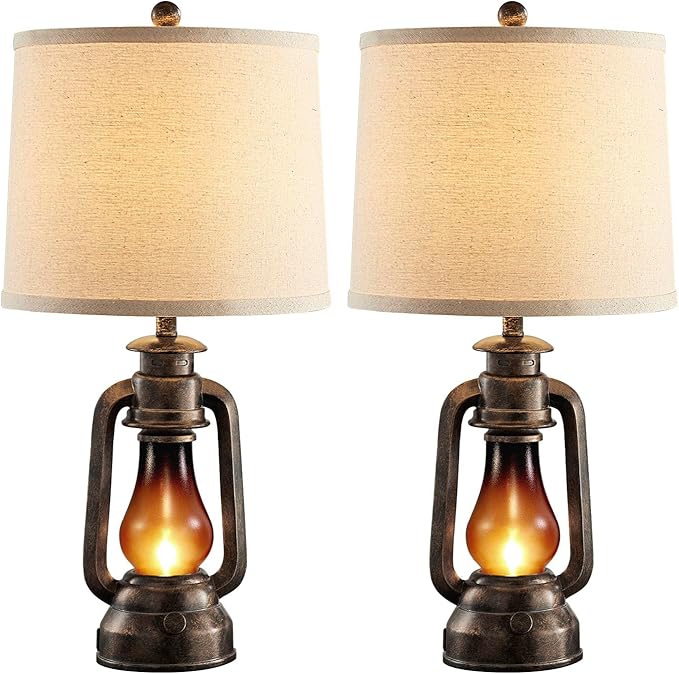 Farmhouse Rustic Table Lamps for Bedroom Set of 2, Vintage Lantern Lamp with Dual USB Charging Ports,25" Retro Antique Bedside Nightstand Desk Lamp for Living Room End Table Entryway, 4 Bulb Included - Bloomnest