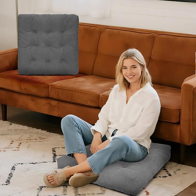 Meditation Floor Pillow Set of 2, Square Large Pillows Seating for Adults, Tufted Corduroy Cushion for Tatami Living Room, 22x22 Inch FP-Grey