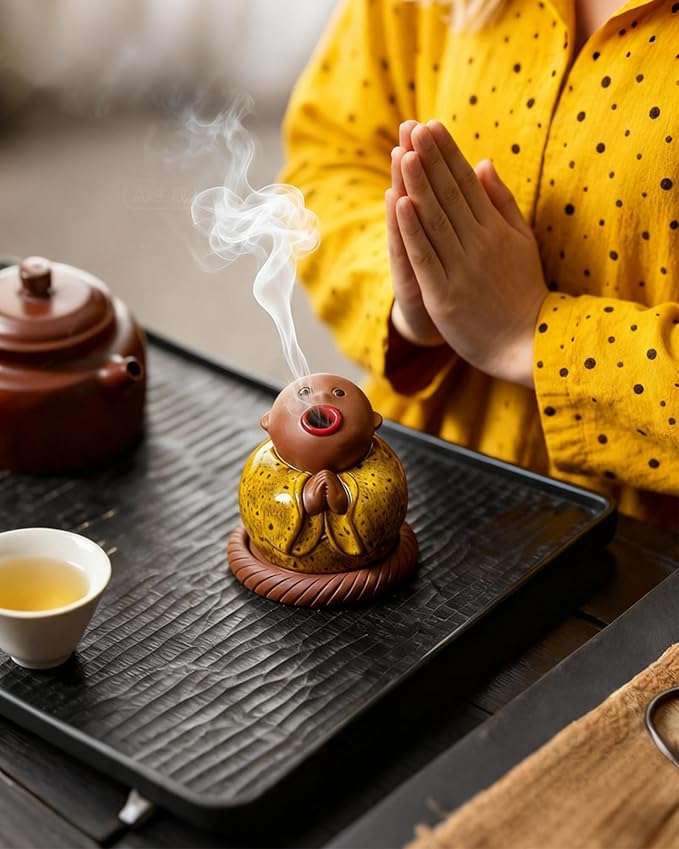 Ceramic Little Monk Incense Burner for Cones & Sticks, Cute Buddha Incense Holder with Mouth Smoke Effect, Zen Home Decor Meditation Gifts - Bloomnest
