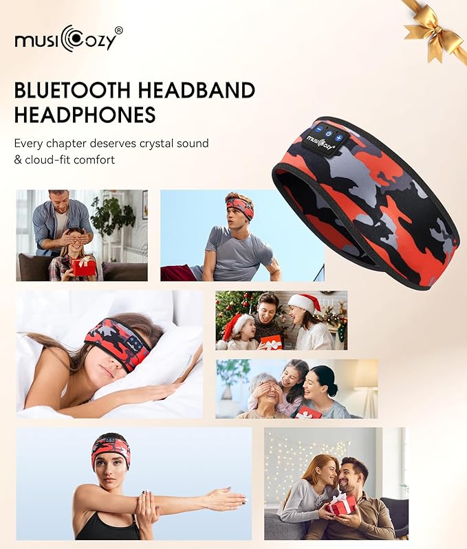 MUSICOZY Sleep Headphones Bluetooth 5.4 Headband, Wireless Earphones Music Sleep Earbuds Sleeping Eye Mask with HD Stereo Speakers for Workout Running Travel Yoga, Ideal Gifts (Black Red) - Bloomnest