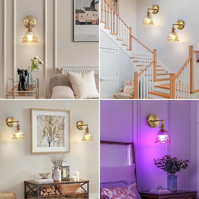 2 Pack Vintage Battery Operated Wall Sconces, Rose Amber Lampshade & 180 Degree Adjustable, Wireless Rechargeable RGB Wall Light with Remote Control, for Bedroom Living Room Hallway Aisle - Bloomnest
