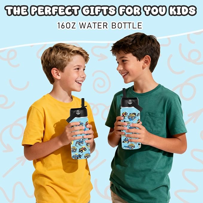 Monster Truck Boys Water Bottle, 16oz Kids Stainless Steel Insulated Water Bottle with Straw Lid, Monster Truck Cup Tumbler Gifts for School - Bloomnest