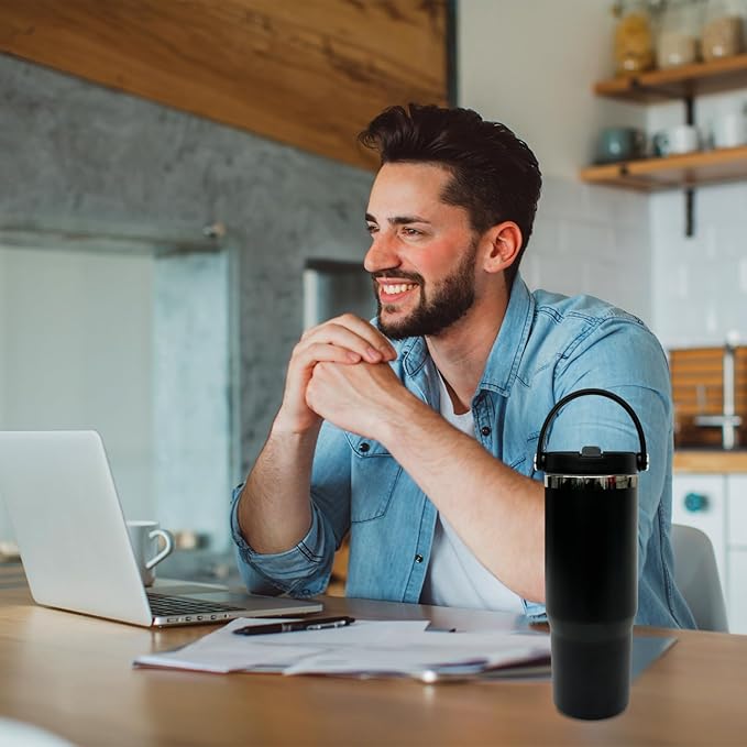 30 oz Tumbler with Handle, Double Wall Vacuum Insulated Tumblers with Flip Straw, Coffee Mug 30oz Powder Coated Cup for Hot and Cold Drinks(Black Plated, Black,4 pack)