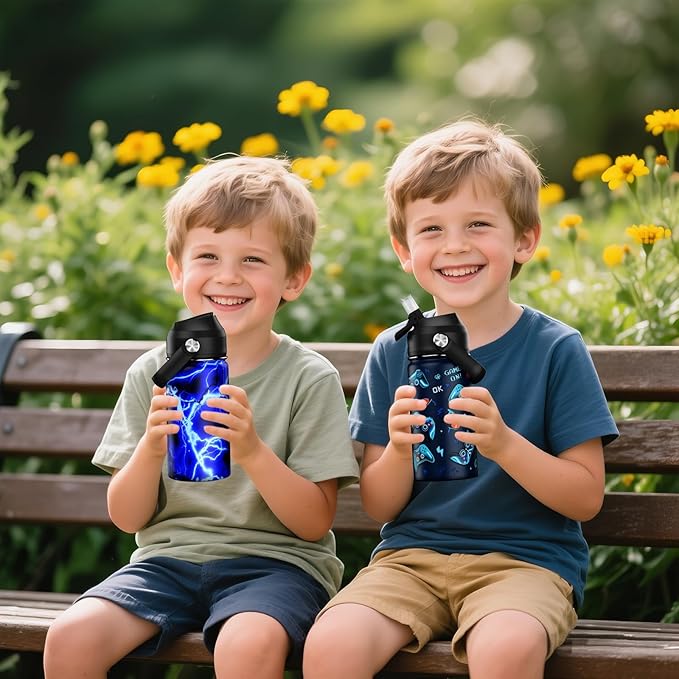 14oz Kids Insulated Water Bottle with Straw Lid - 18/8 Stainless Steel Kid Cup Travel Tumbler Double Wall Vacuum Leak Proof Portable Toddler Water Bottle (Lightning+Game) - Bloomnest