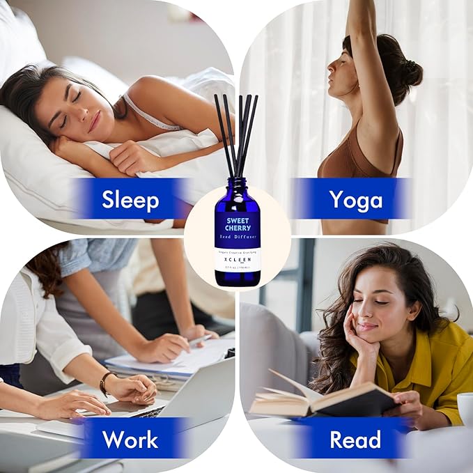 Reed Diffuser Set, Sweet Cherry Oil Diffusers with 6 Rattan Sticks, Home Fragrance Reed Diffuser for Home, Bathroom Decor