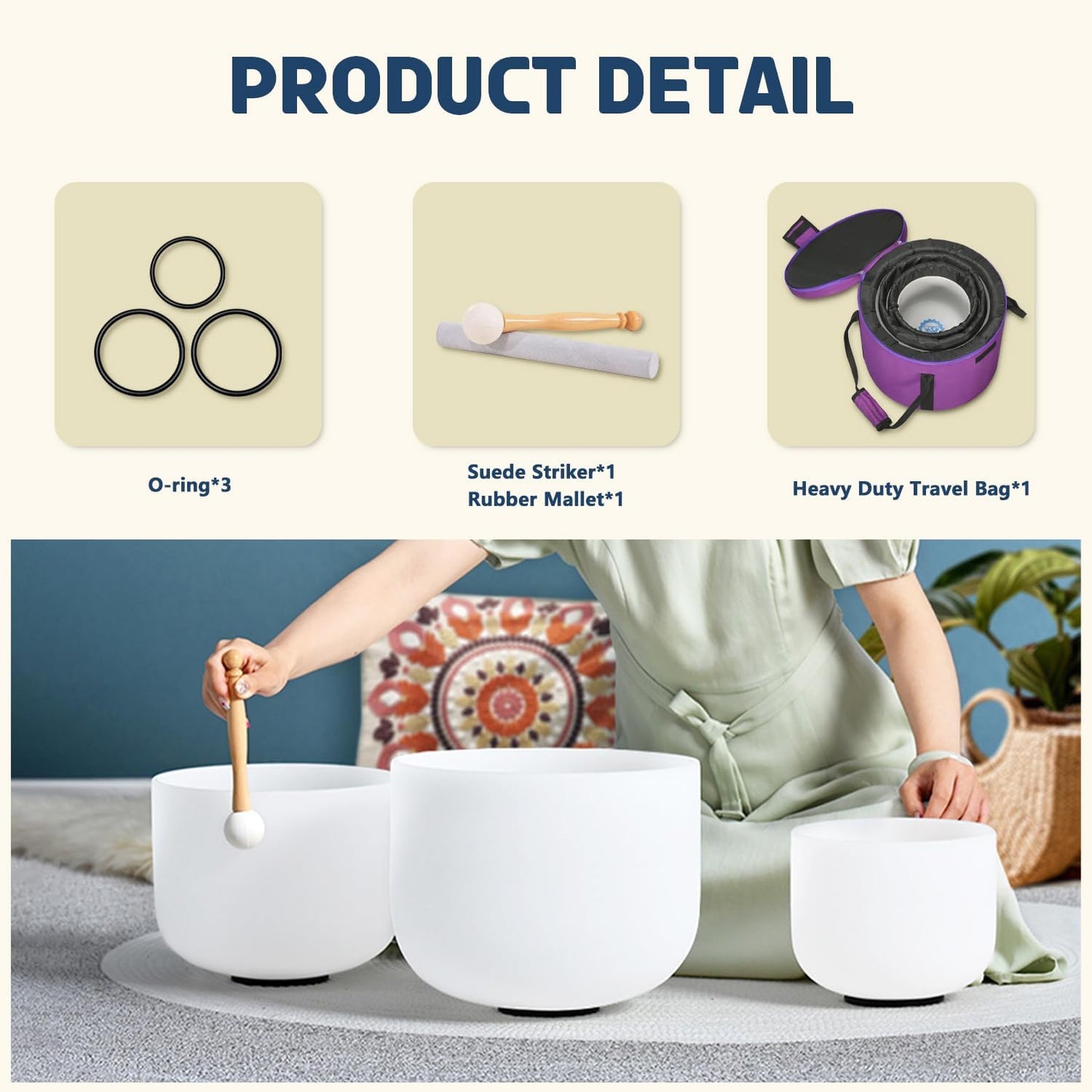 440HZ Set of 3 PCS 7''-11'' Paternoster Frosted Quartz Crystal Singing Bowls 7''G 9''E 11''C With Case Bag