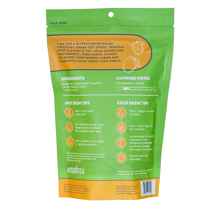 IntegriTEA Green Mango Flavored Green Tea, 6 Organic Unsweetened Iced Tea Bags, 6 Gallons, Hot or Cold Brew, Fairly & Sustainably Sourced - Bloomnest