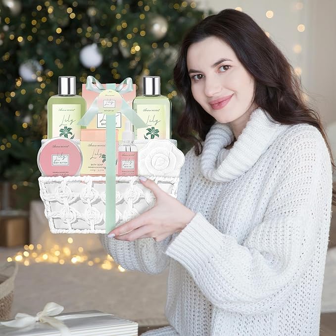Spa Gift Baskets for Women Bath and Body Gift Set, 9pcs Spa Gifts for Women, Lily Bath Gift Set with Bubble Bath, Body Lotion, Christmas Gifts for Her Relaxing Bath Sets - Bloomnest