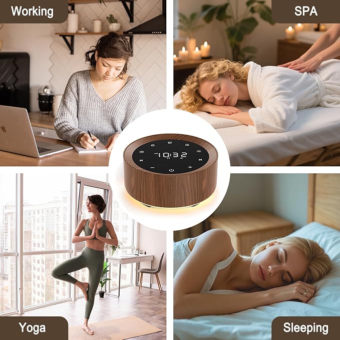 White Noise Sound Machine Alarm Clock 7 Color Night Light Sound Machine for Adult/Baby 20 Soothing Sound 31 Level Volume 6 Level Screen Brightness 5 Timer Set Memory Function Touch Control Wood Grain - Bloomnest