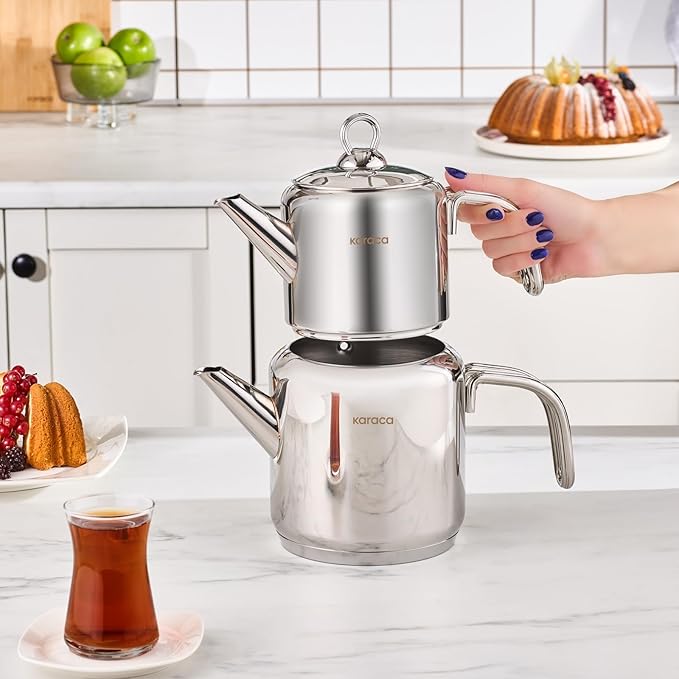 Karaca New Mani Turkish Tea Set for Stovetop, Induction Base Stainless Steel Tea Maker (1L Teapot & 2L Tea Kettle), Dishwasher Safe, Non-Burning Handles Samovar Style - Bloomnest