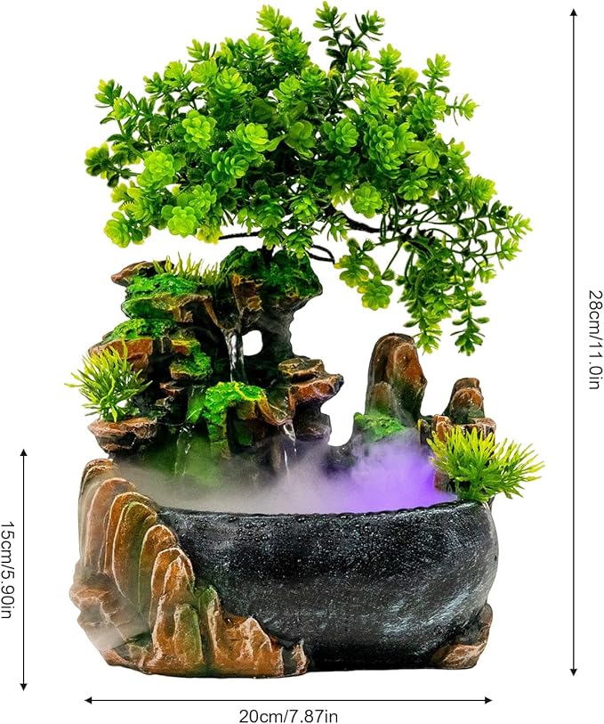 11inch Desktop Waterfall Artificial Waterfall Bonsai Mini Rock Fountain with LED Lights & Atomizer, Resin Planter for Office, Home, Indoor Decor - Bloomnest