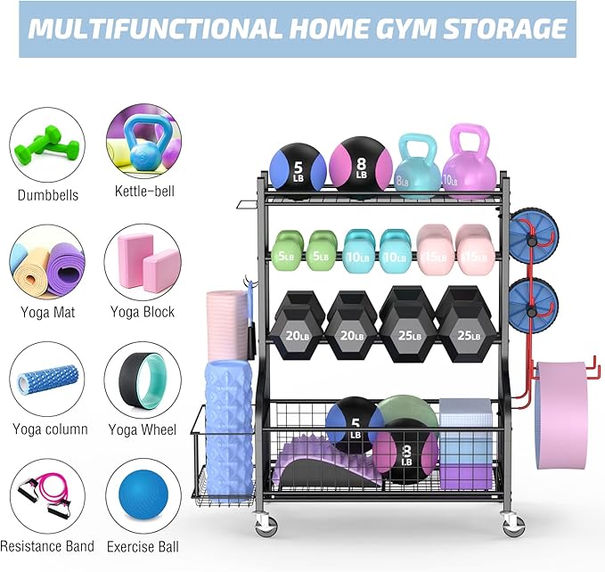 PLKOW Dumbbell Rack, Weight Rack for Dumbbells, Home Gym Storage for Dumbbells Kettlebells Yoga Mat and Balls, All in One Workout Storage with Wheels and Hooks, Powder Coated Finish Steel - Bloomnest