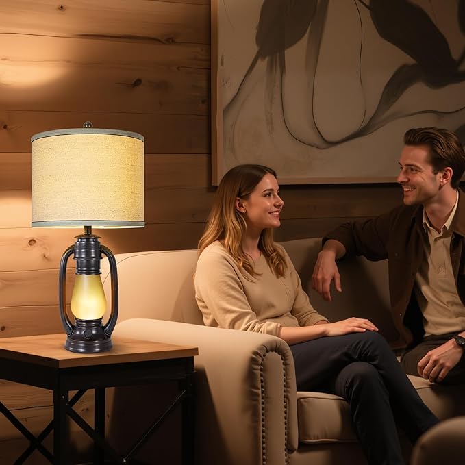 26'' Vintage Lantern Table Lamps Set of 2, Retro Bedside Nightstand Lamp with Nightlight and Linen Shade, Rustic Desk Lamp with USB A+C Ports, Farmhouse Table Lamps for Living Room Bedroom Study room - Bloomnest