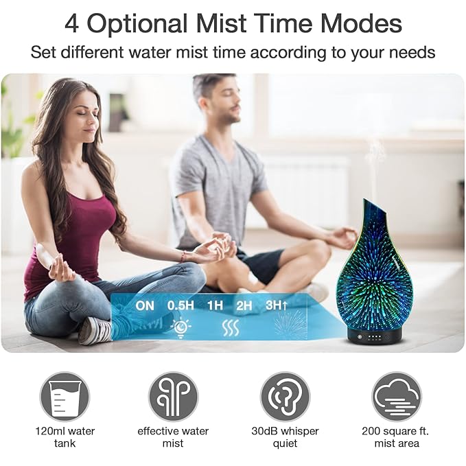 Essential Oil Diffuser 120ml Ultrasonic Aromatherapy Diffuser with Handmade Glass with Auto Shut-Off Protection 4 Timer Setting 7 Colors Changed LED Diffuser for Home Yoga Office Gifts for Women - Bloomnest