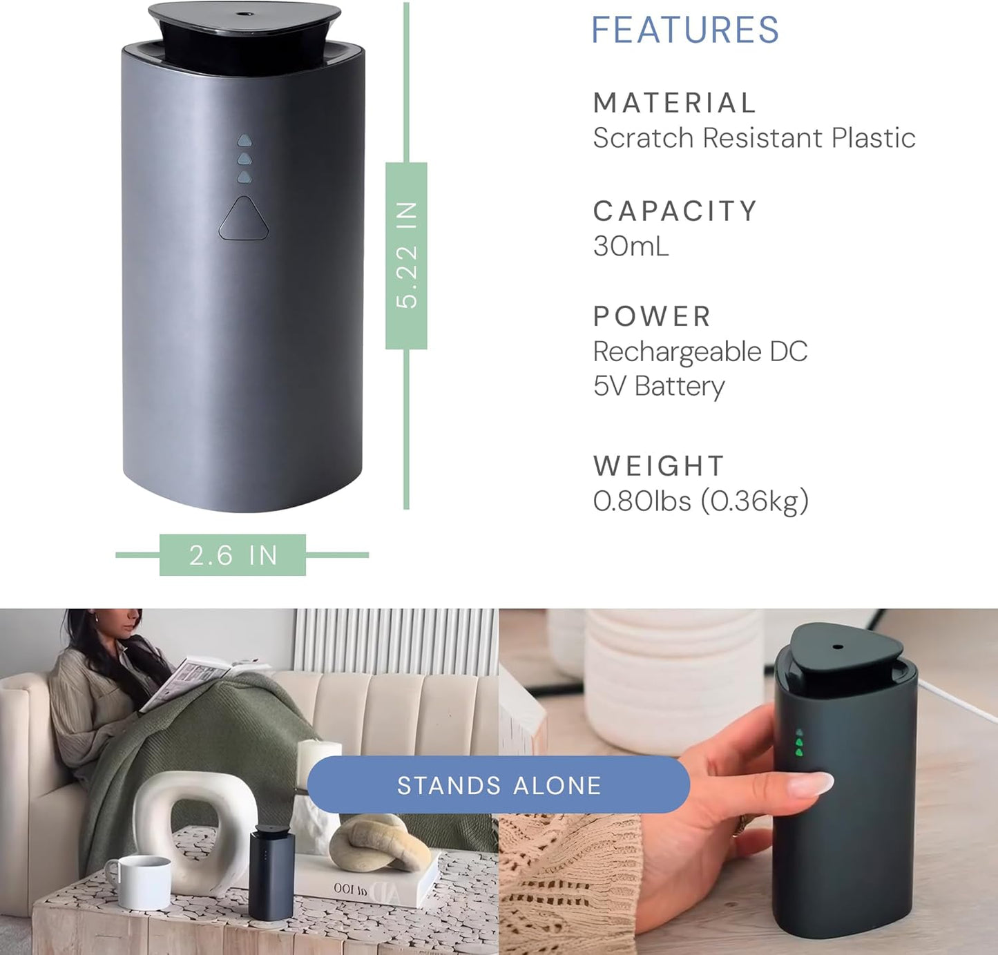 Air Esscentials The Mini Essential Oil Diffuser for Home, Waterless & Smart Portable Diffuser for Essential Oils, USB-C & Rechargeable with Adjustable Settings, Covers 300 Sq. Ft., Black