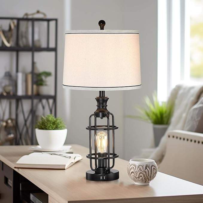 26.3”Table Lamps Set of 2 with USB Charging Ports,Farmhouse Bedside Nightstand Lamp with Rotary Switch,Rustic Reading Lamps Industrial Desk Lamps for Bedroom Living Room,Bulbs Included - Bloomnest