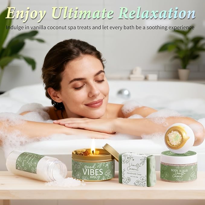 Spa Gifts for Women Bath Gift Set, Vanilla Coconut Relaxing Spa Gift Baskets Home Bath Set Self Care Kit Care Package Thank You Birthday Valentines Day Gifts for Her Women Mom Friend Sister Teen Girl - Bloomnest