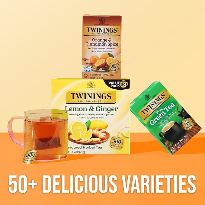 Twinings Orange & Cinnamon Spice Herbal Tea Individually Wrapped Bags, 20 Count (Pack of 2), Naturally Caffeine-Free, Enjoy Hot or Iced, 20 Teabags - Bloomnest