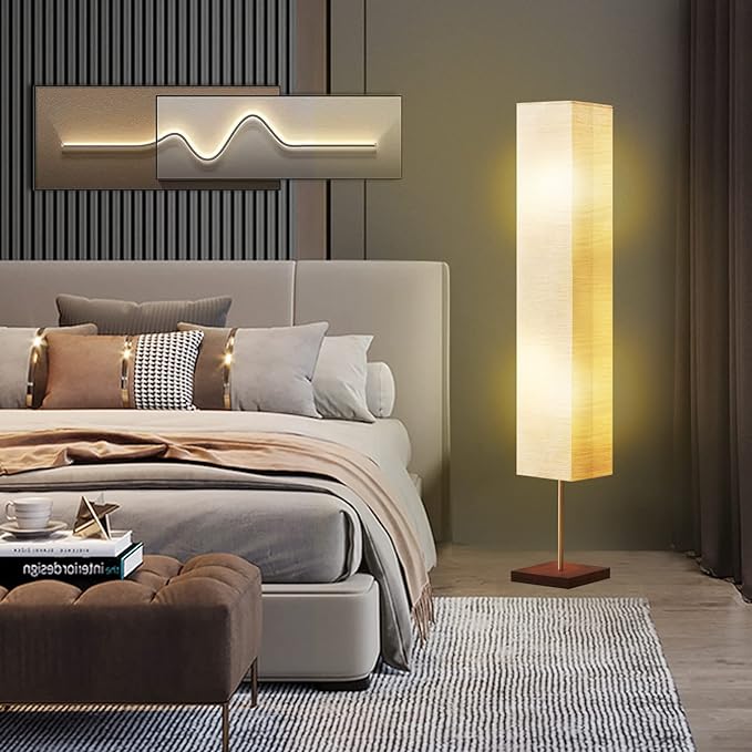 GyroVu Floor Lamp for Living Room, 3 Color Temperature Column Tall Lamp, Standing Lamp with Walnut Base Corner Floor Lamp for Bedroom, Office& Living Room-Beige(Bulbs Included) - Bloomnest