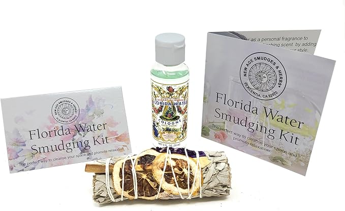 New Age Smudges & Herbs-White Sage Mix w/Lavender, Lemon Slice & Palo Santo Sage 4 inch Incense Smudge Bundle w/Florida Water 2oz Bottle- Cleansing Sage Incense & Water, Smudging Rituals. (FW-KIT-01) NewAgeImportsInc