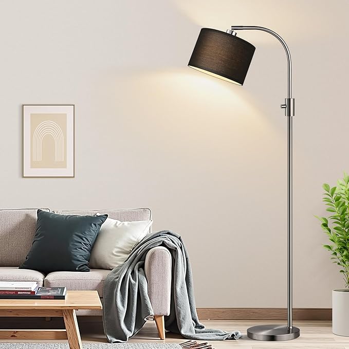 【Upgraded】 Dimmable Floor Lamp, 1200 Lumens LED Bulb Included, Brushed Nickel Arc Floor Lamps for Living Room Modern Standing Lamp with Black Shade, Tall Lamp for Living Room Bedroom Office Office - Bloomnest