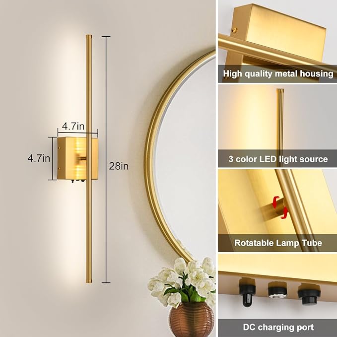 Battery Operated Wall Sconces Set of 2, 11000mAh Wireless Rechargeable Gold Wall Lights with Remote Control, 350°Rotate Dimmable Wall Lamp, 3 Color Temperatures, for Bedroom, Living Room, Hallway - Bloomnest