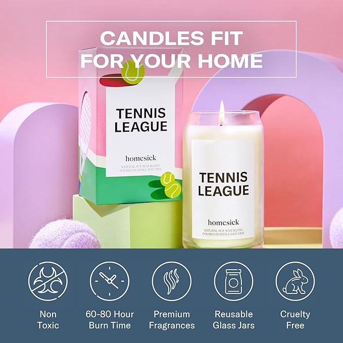 Homesick Scented Candles for Home (Tennis League) - 13.75 oz Long-Lasting Soy Wax Blend Jar Candle Gifts for Women & Men, 60-80 Hours Burn Time - Notes of Lime Blossom, Orange Flower, Salted Musk - Bloomnest