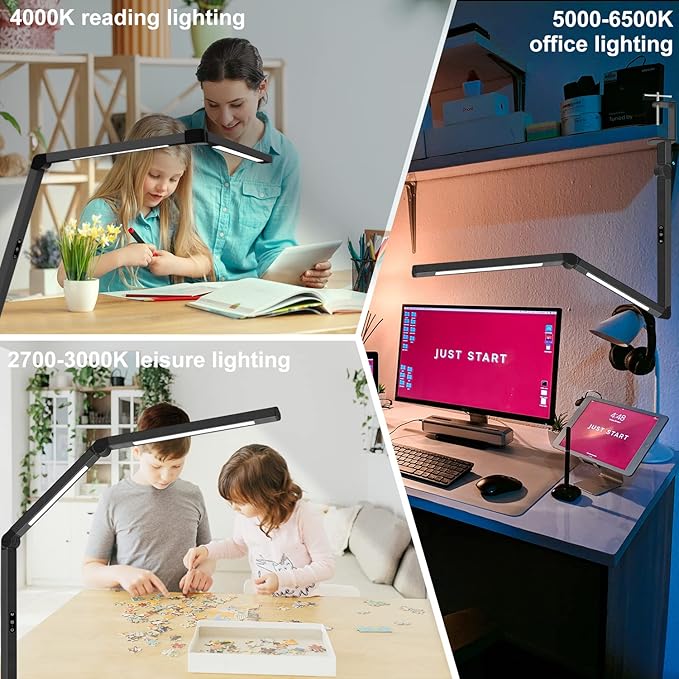 LED Desk Lamp with Clamp, Architect Desk Lamp with Dual Light and Adjustable Swing Arm, Clip-on Eye-Care 4 CCT Modes & 5 Brightness Levels Table Light Modern Computer Lighting for Home Office - Bloomnest