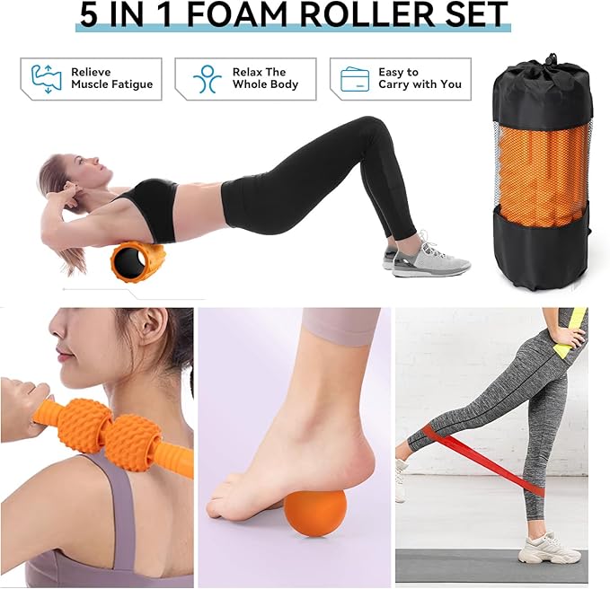 5 in 1 Foam Roller Set, High Density Fitness Exercise Foam Roller for Deep Tissue Muscle Massage, Massage Roller, Massage Ball, Resistance Band, for Whole Body(Orange) - Bloomnest