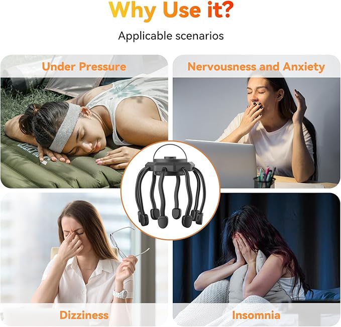 Electric Scalp Massager, Head Massager Scalp Stress Relax, Kneading Hair Massage with 3 Modes, 360 Degree Hair Massager, Cordless Portable Head Scratcher for Stress Relax ONIYEA
