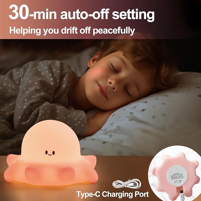 Kibbidea Touch Control Silicone Night Light for Kids, Rechargeable Octopus Nightlight with Timer, Eye Protection, Portable USB Baby Nightl lamp for Nursery, Bedroom - Bloomnest