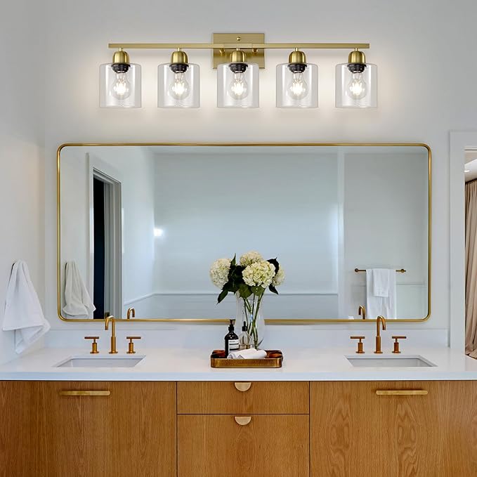 Modern Brushed Gold 5 Light Bathroom Vanity Light,31 inch Vanity Lights for Bathroom with Clear Glass for Mirror Kitchen Living Room Hallway Cabinet Porch - Bloomnest