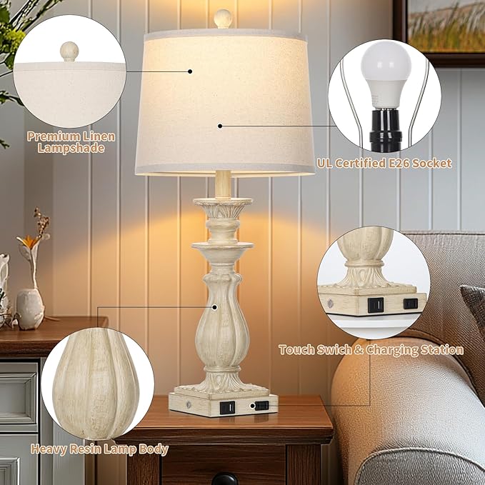 28" Farmhouse Table Lamps Set of 2 for Living Room, 3 Way Dimmable Bedside Lamp with USB C+A Ports & AC Outlet, Resin Vintage Tall Nightstand Lamps for Bedroom Office Hallway, Beige - Bloomnest