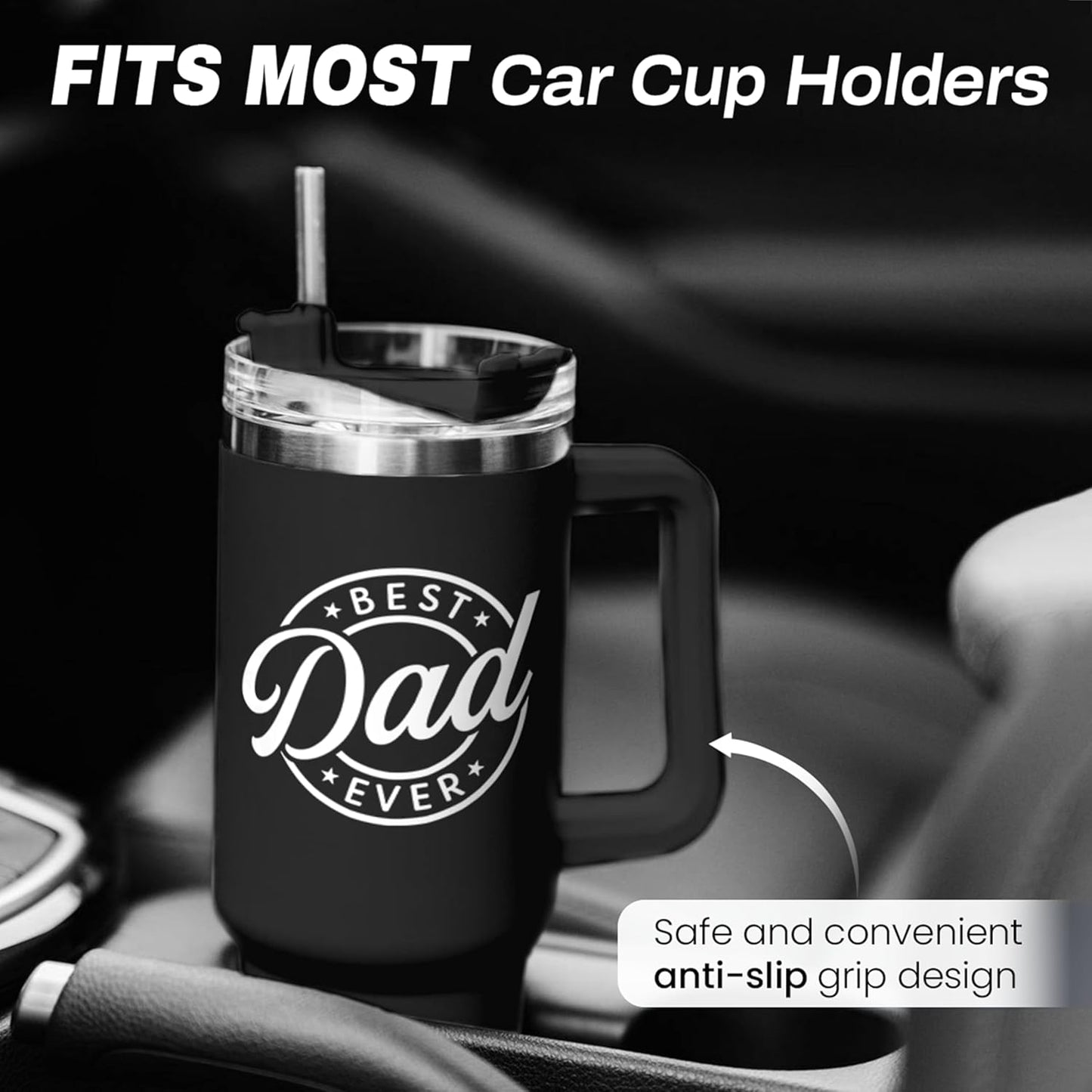 SANDJEST Best Dad Ever Tumbler with Handle - 40oz Stainless Steel Insulated - Dad Gifts for Daughter & Son - Coffee Tumbler for Father's Day, Birthday, Christmas - Cup Gift Set with Lid & Straw