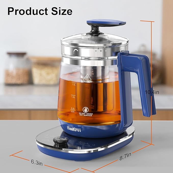 Electric Kettle, 1.5L Borosilicate Glass Hot Water Kettle Electric & Tea Kettle for Coffee or Tea, BPA Free, Auto Shut-Off, Stainless Steel, Blue, 1200w - Bloomnest